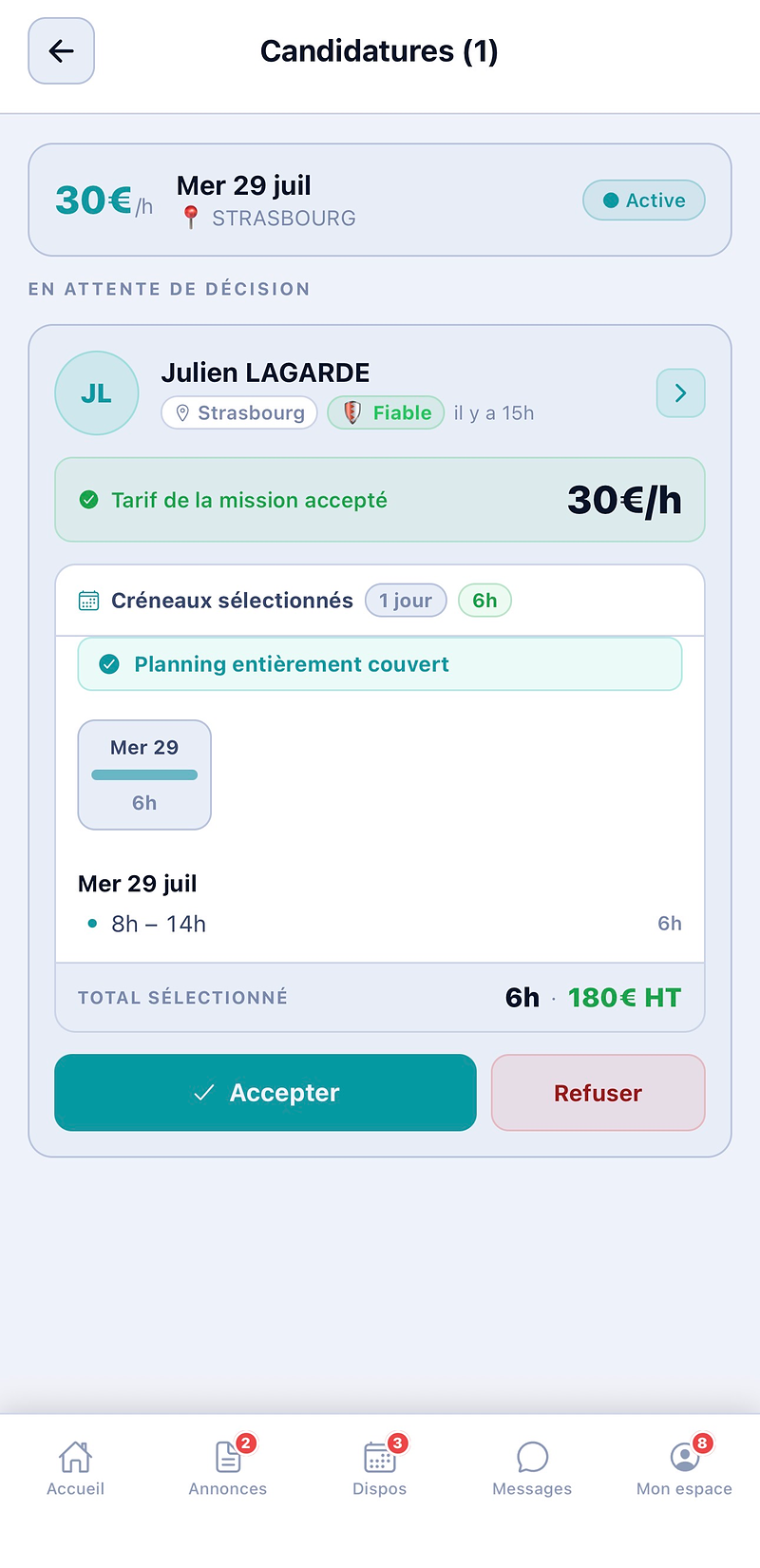 Candidature reçue d'un enseignant, à accepter ou refuser