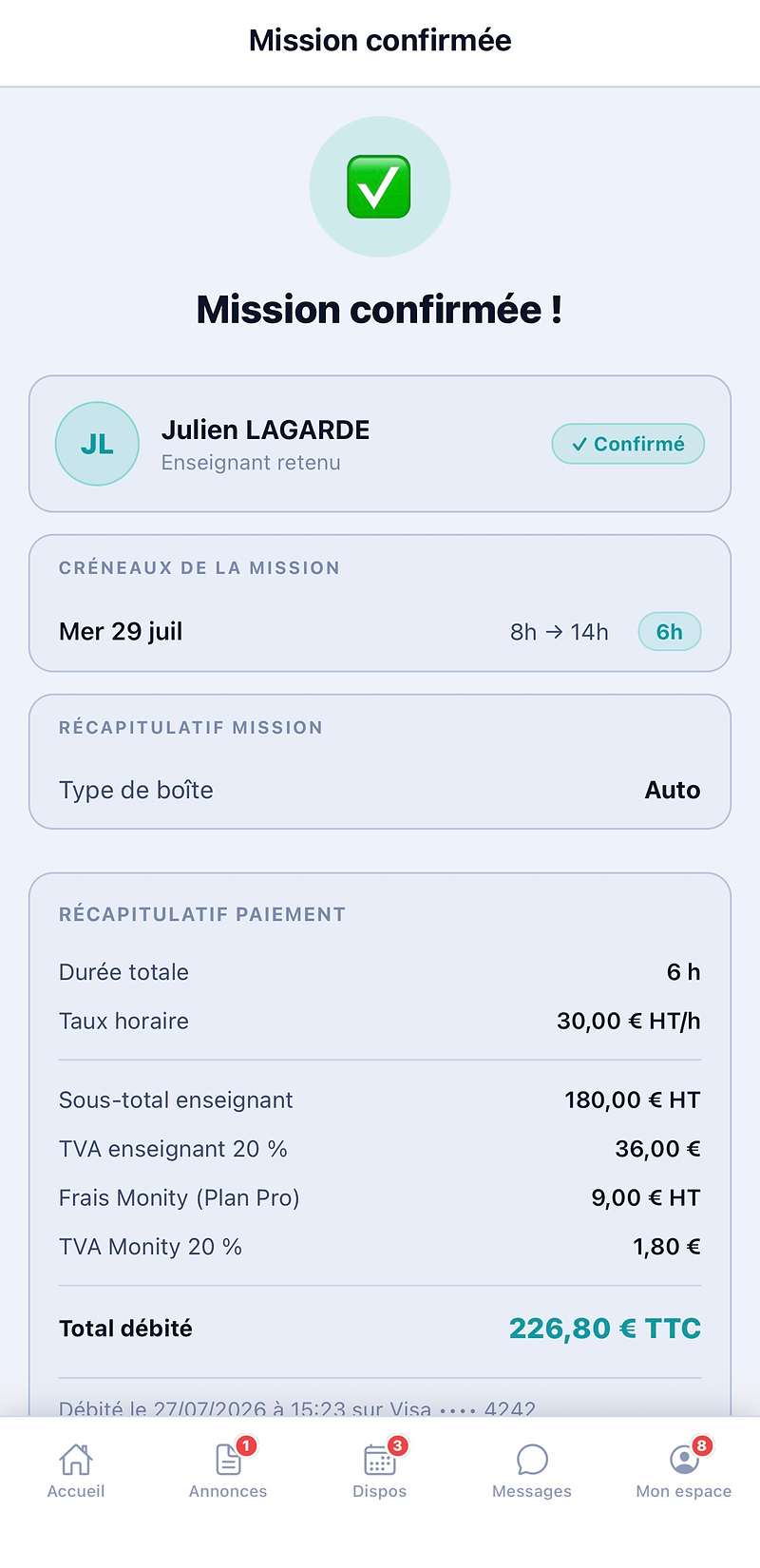 Mission confirmée dans Monity, avec le récapitulatif de paiement